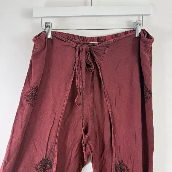 Soft Surroundings Maroon Embroidered Pull On Wrap Pants Boho Lagenlook Womens Md - Picture 3 of 7